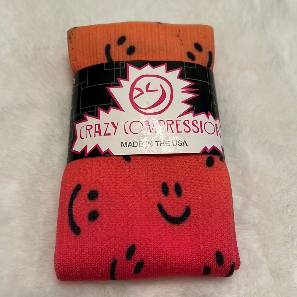 Crazy compression socks - orange / pink ombré with smiley faces